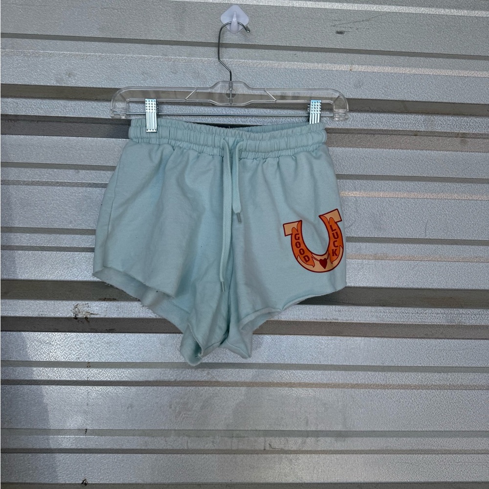 Chemistry Sky Blue Athletic Shorts with Vibrant Orange Emblem